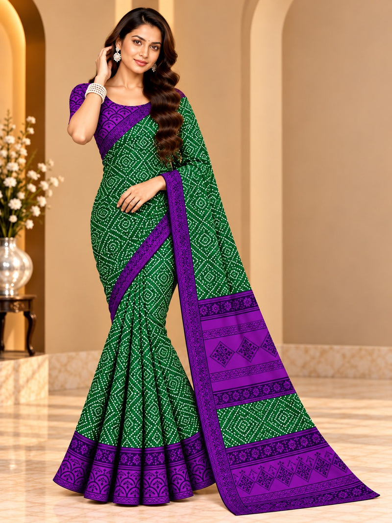 Green Bandhani Printed Saree With Purple Border
