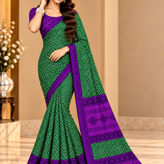 Green Bandhani Printed Saree With Purple Border