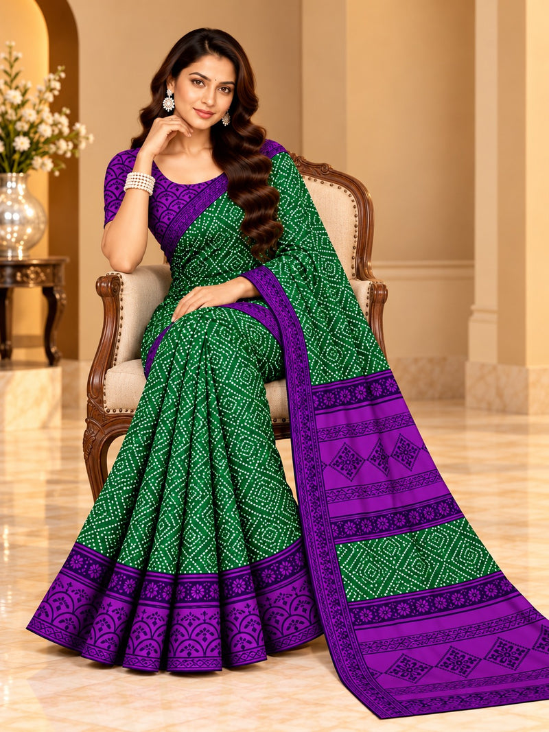 Green Bandhani Printed Saree With Purple Border