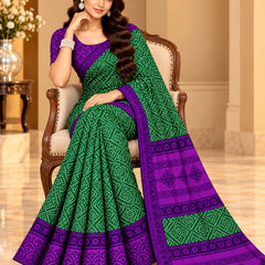 Green Bandhani Printed Saree With Purple Border