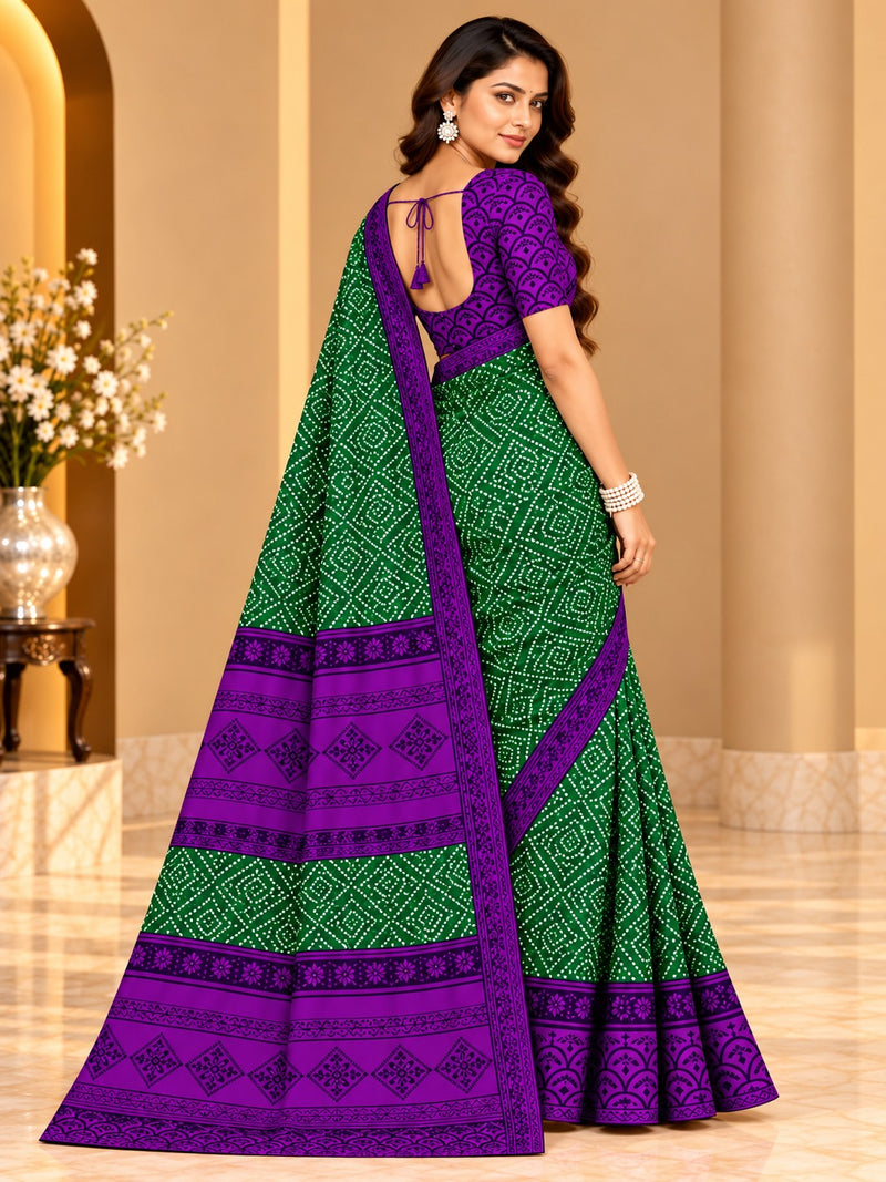 Green Bandhani Printed Saree With Purple Border