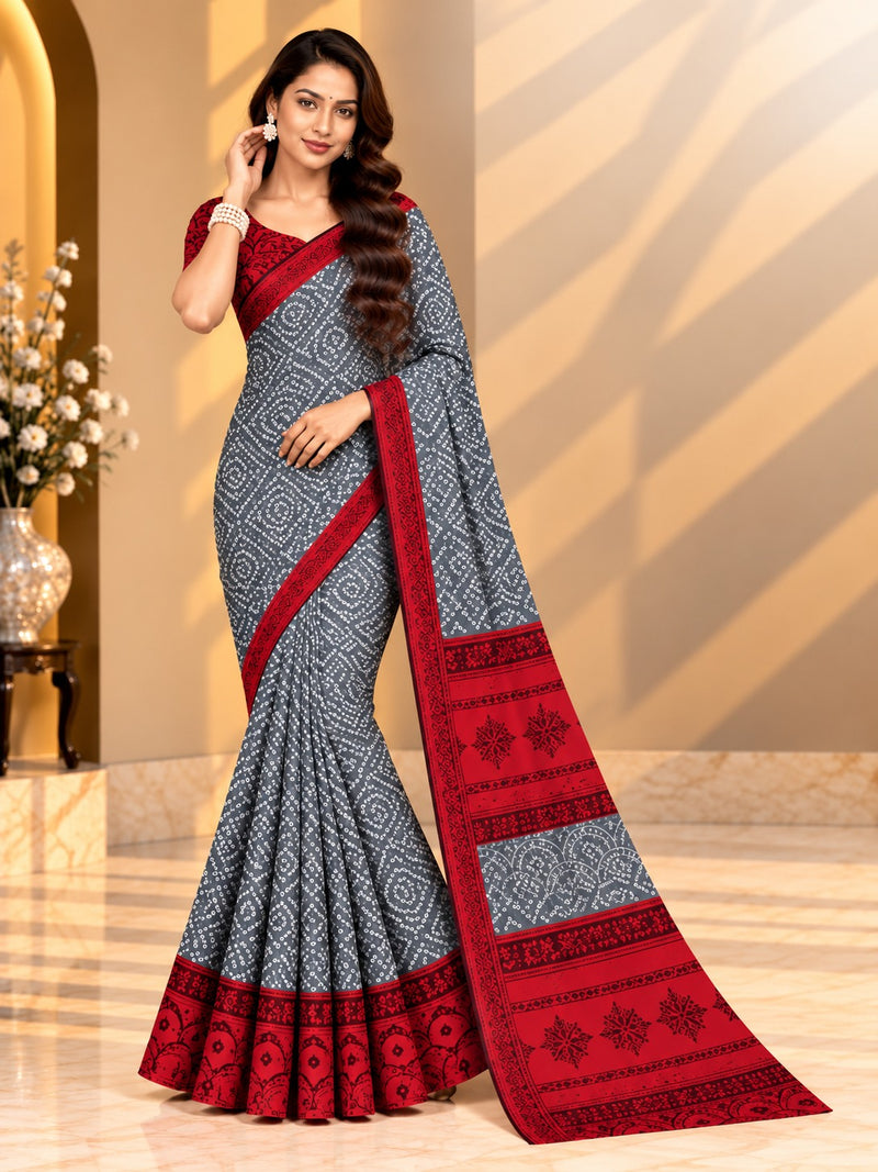 Grey Bandhani Printed Saree with Red Border