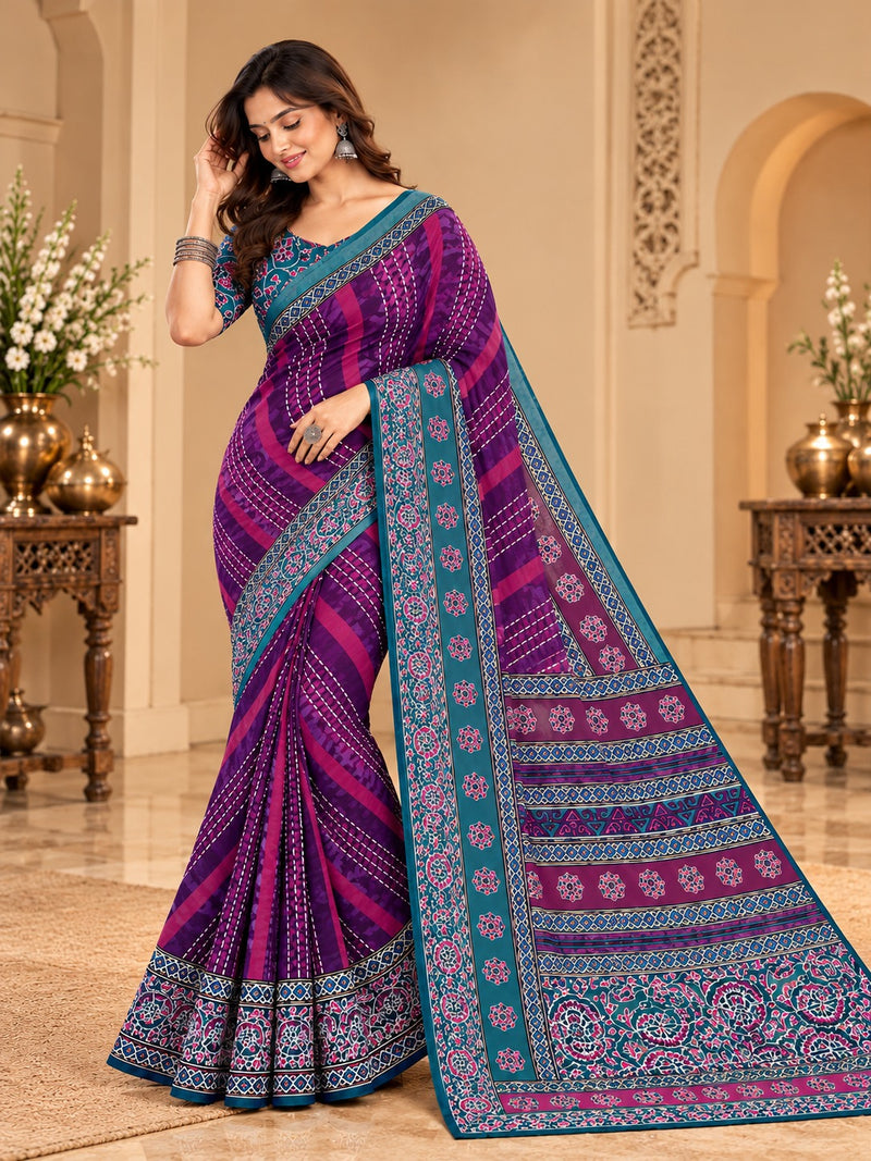 Premium Purple Lahariya Digital Print Georgette Saree