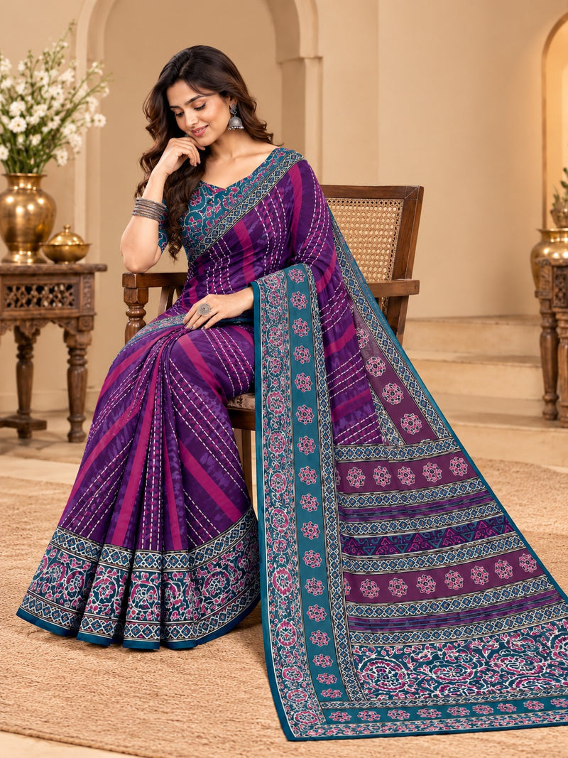 Premium Purple Lahariya Digital Print Georgette Saree
