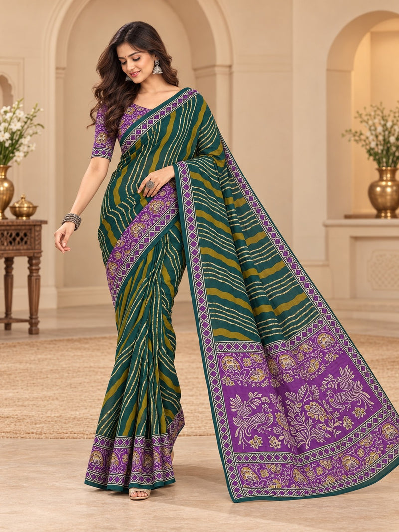 Premium Green Lahariya Digital Print Georgette Saree