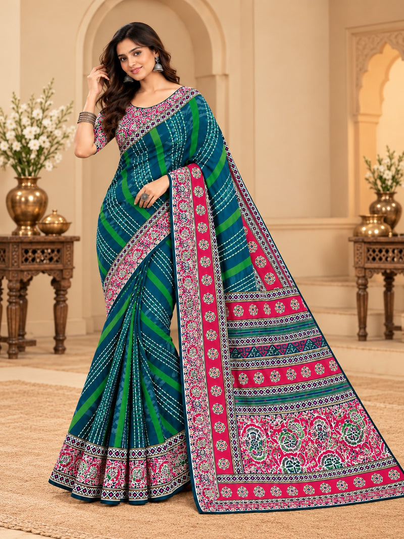 Premium Teal Lahariya Digital Print Georgette Saree