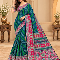 Premium Teal Lahariya Digital Print Georgette Saree