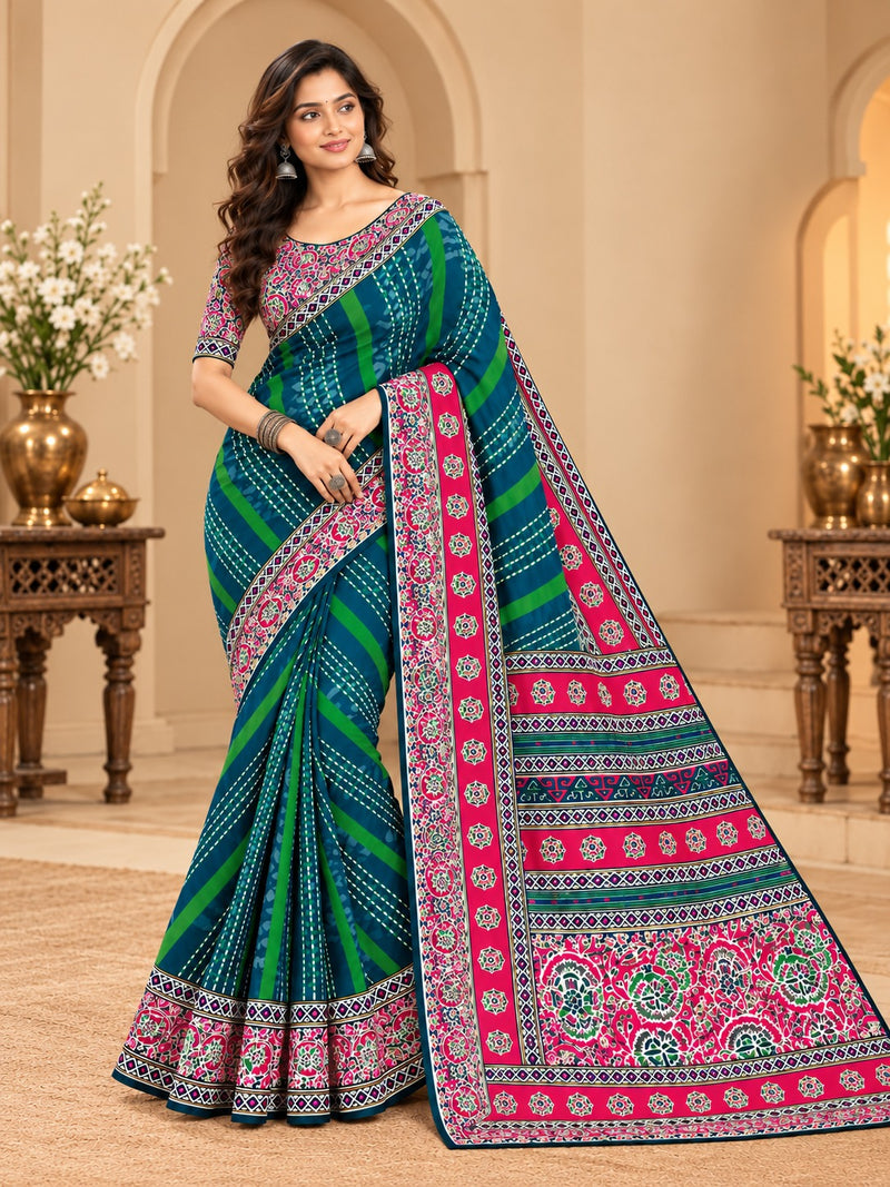 Premium Teal Lahariya Digital Print Georgette Saree
