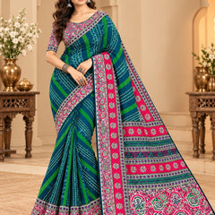 Premium Teal Lahariya Digital Print Georgette Saree