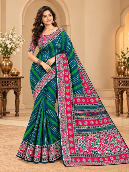 Premium Teal Lahariya Digital Print Georgette Saree