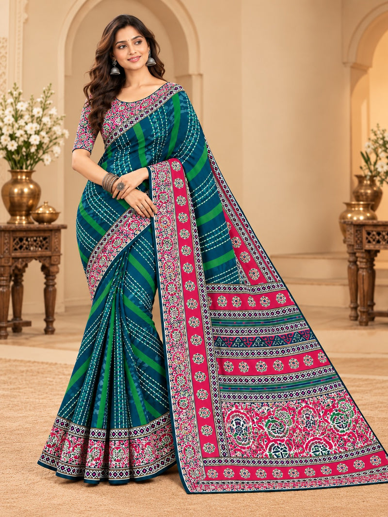 Premium Teal Lahariya Digital Print Georgette Saree