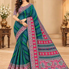 Premium Teal Lahariya Digital Print Georgette Saree