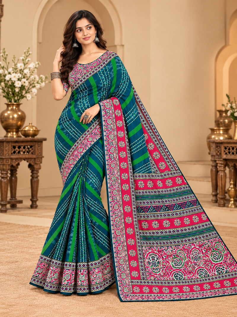 Premium Teal Lahariya Digital Print Georgette Saree