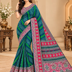 Premium Teal Lahariya Digital Print Georgette Saree