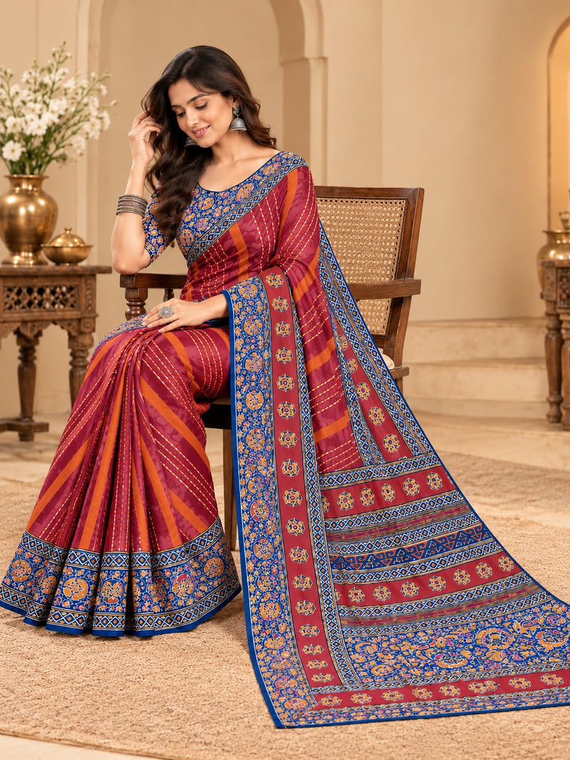 Premium Red Lahariya Digital Print Georgette Saree