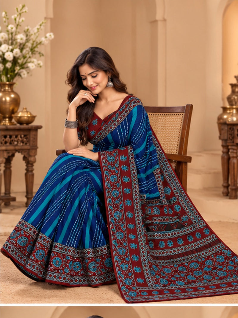 Premium Blue Lahariya Digital Print Georgette Saree