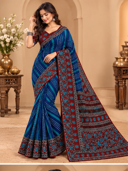 Premium Blue Lahariya Digital Print Georgette Saree