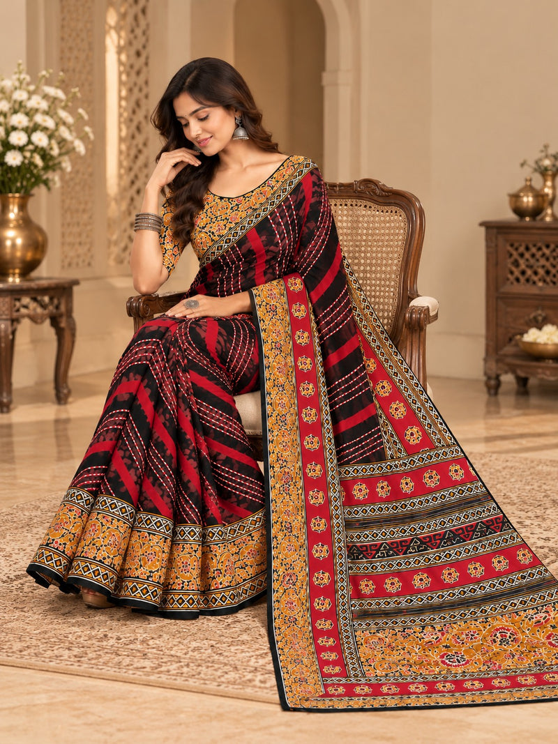 Premium Black Lahariya Digital Print Georgette Saree