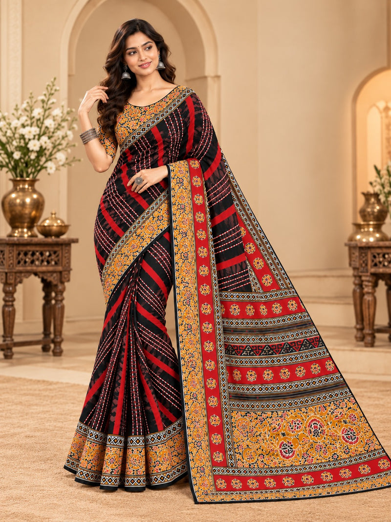 Premium Black Lahariya Digital Print Georgette Saree