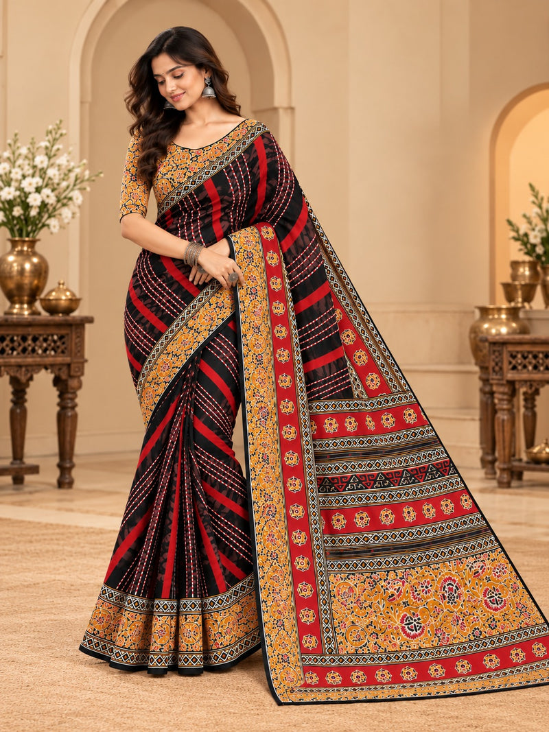 Premium Black Lahariya Digital Print Georgette Saree