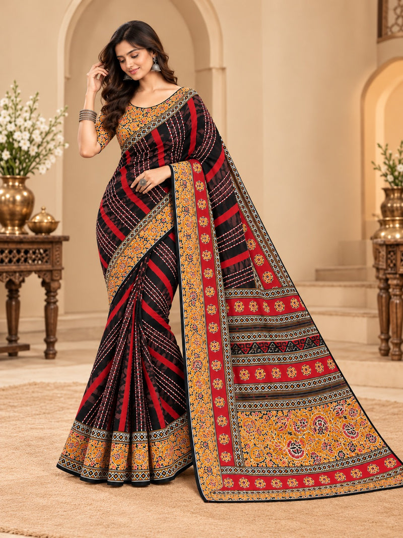 Premium Black Lahariya Digital Print Georgette Saree