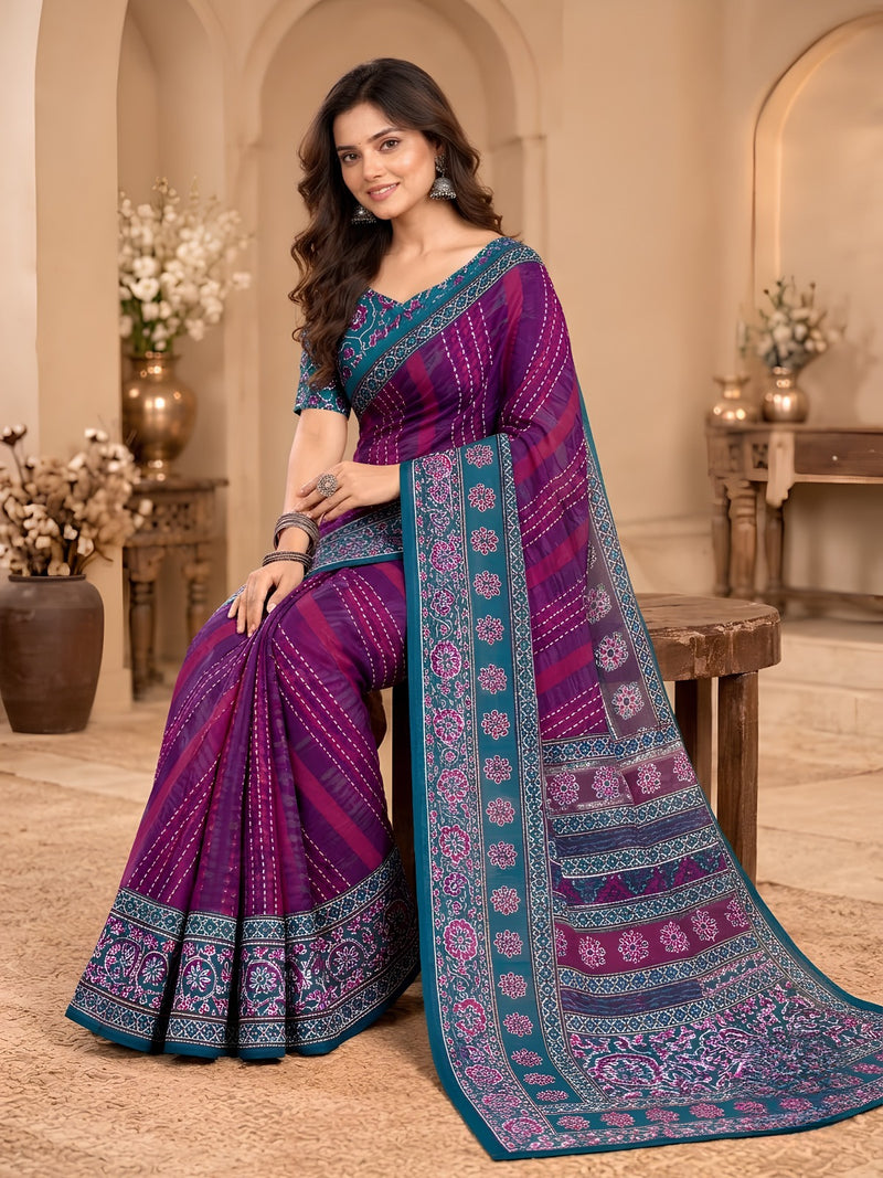 Premium Purple Lahariya Digital Print Georgette Saree