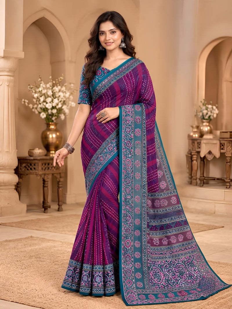 Premium Purple Lahariya Digital Print Georgette Saree