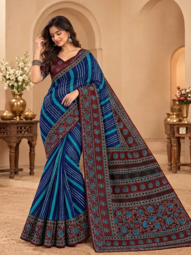 Premium Blue Lahariya Digital Print Georgette Saree