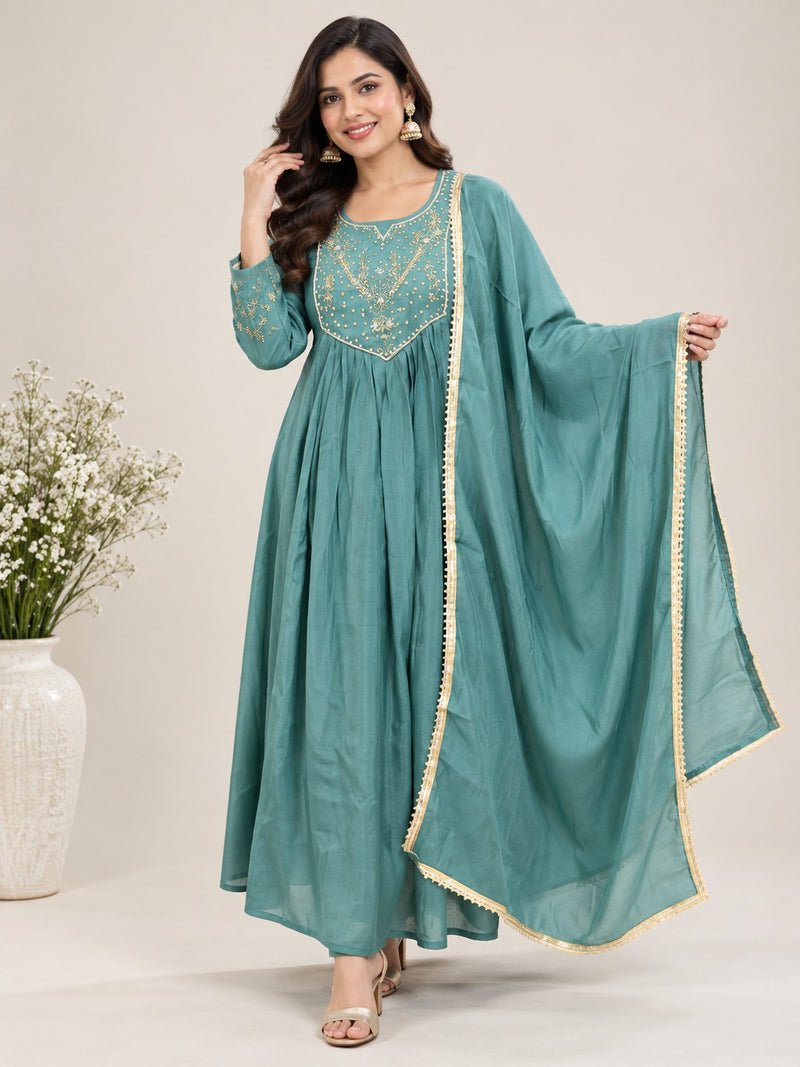 Teal Embroidered Ethnic A-Line Set