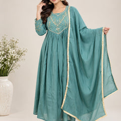 Teal Embroidered Ethnic A-Line Set