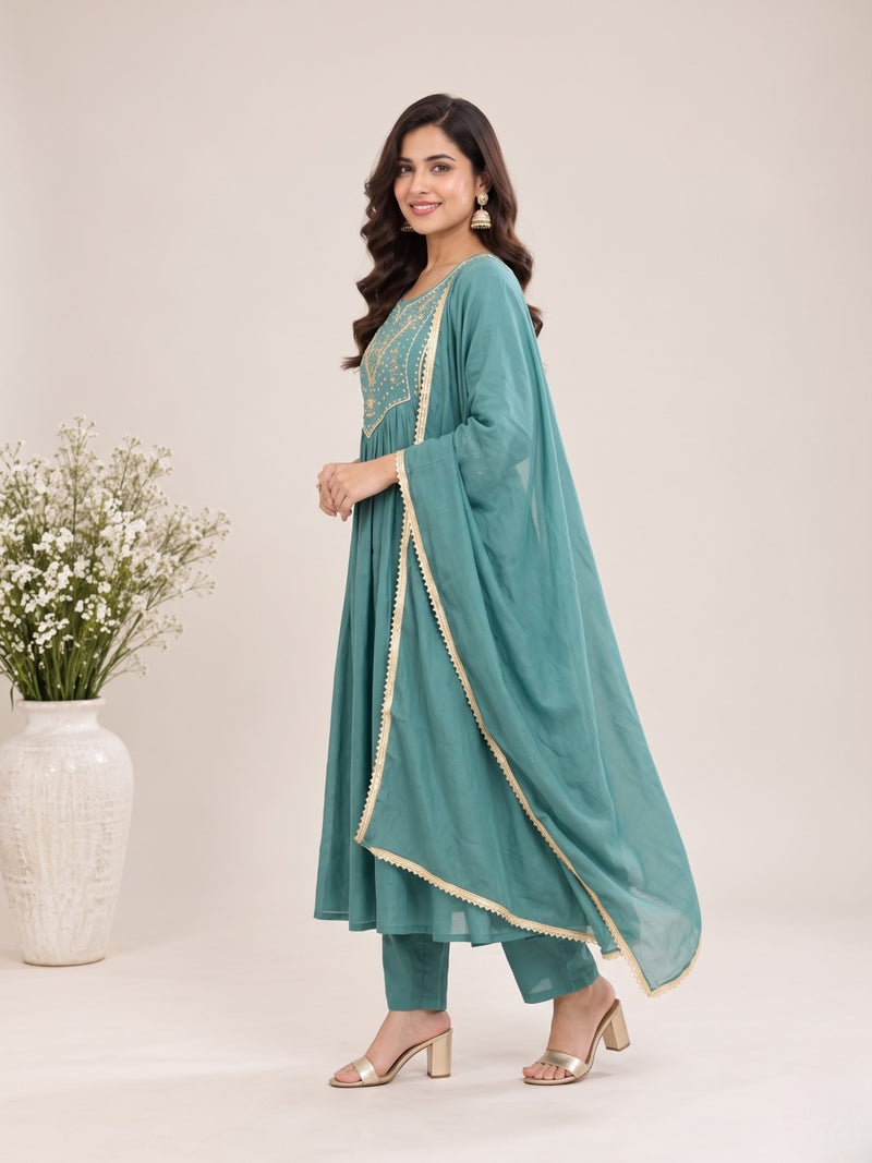Teal Embroidered Ethnic A-Line Set