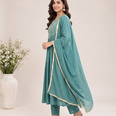Teal Embroidered Ethnic A-Line Set