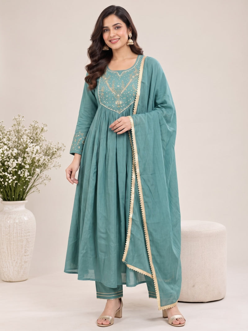 Teal Embroidered Ethnic A-Line Set