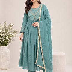 Teal Embroidered Ethnic A-Line Set