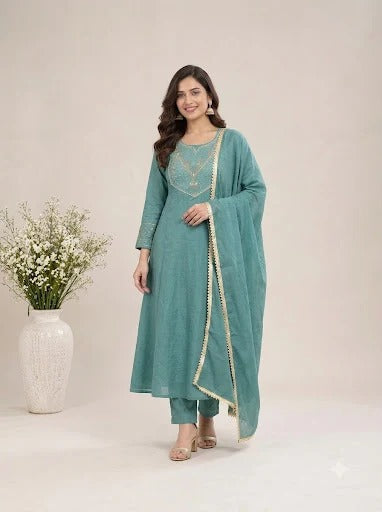Teal Embroidered Ethnic A-Line Set