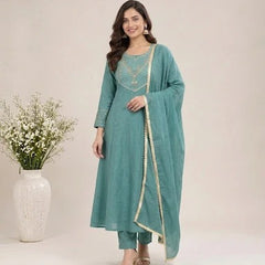 Teal Embroidered Ethnic A-Line Set