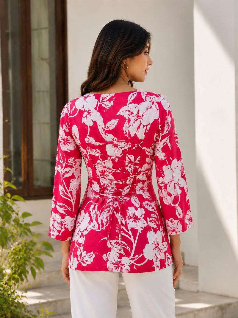 Royal Red Premium Cotton Floral Printed Straight Kurti