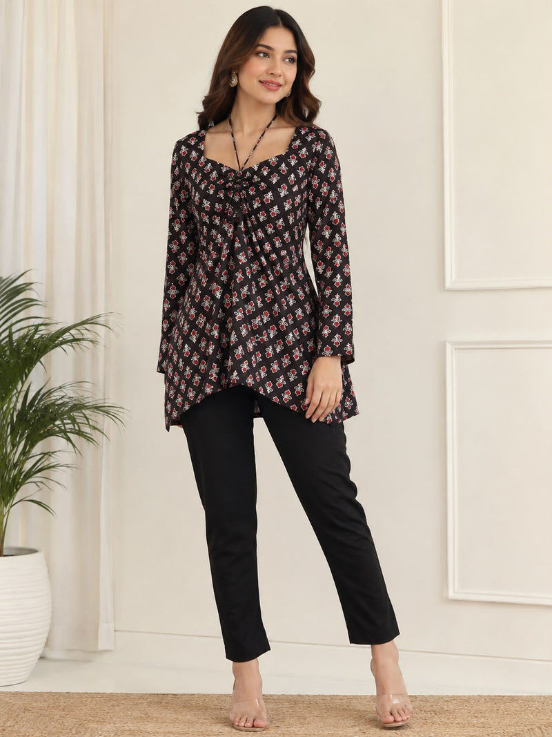 Royal Black Premium Cotton Floral Printed Straight Kurti
