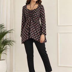 Royal Black Premium Cotton Floral Printed Straight Kurti