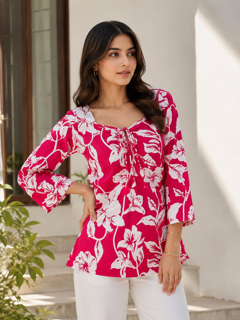 Royal Red Premium Cotton Floral Printed Straight Kurti