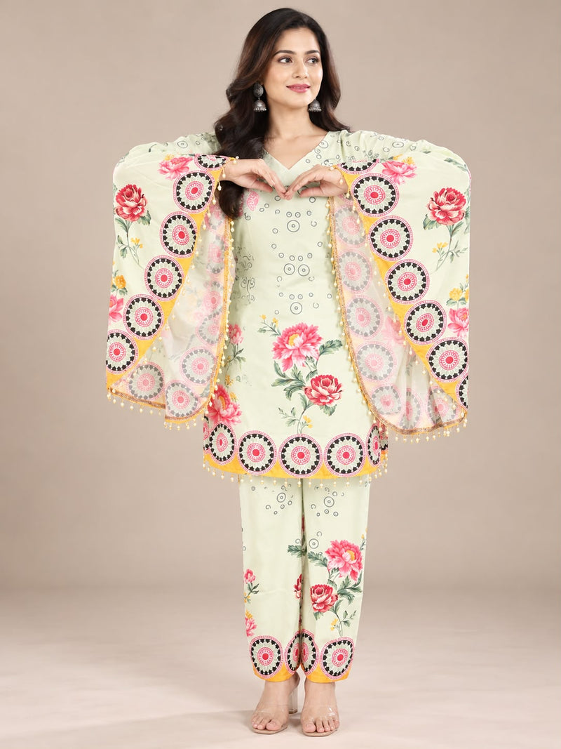 Pista Green Floral Printed Japanese Crepe Kaftan Set