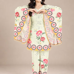 Pista Green Floral Printed Japanese Crepe Kaftan Set
