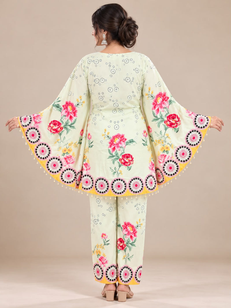 Pista Green Floral Printed Japanese Crepe Kaftan Set