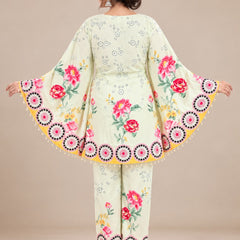 Pista Green Floral Printed Japanese Crepe Kaftan Set
