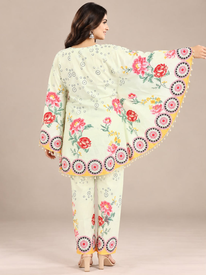 Pista Green Floral Printed Japanese Crepe Kaftan Set