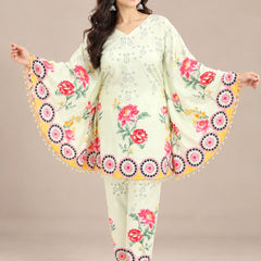 Pista Green Floral Printed Japanese Crepe Kaftan Set