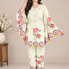 Pista Green Floral Printed Japanese Crepe Kaftan Set