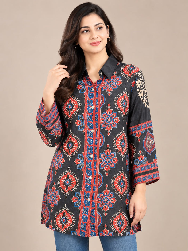 Black Ethnic Printed Natural Crepe Shirt Tunic