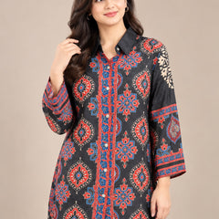 Black Ethnic Printed Natural Crepe Shirt Tunic