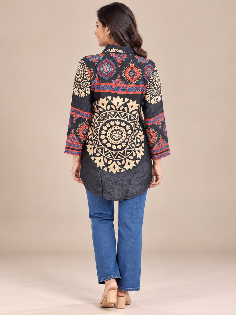Black Ethnic Printed Natural Crepe Shirt Tunic